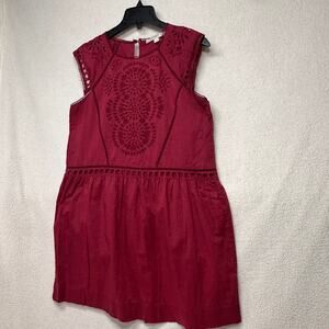 LOFT Red Embroidered Eyelet Mini Dress Cotton Boho Medium
